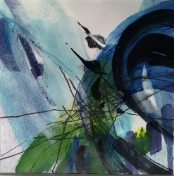 Eine abstrakte Aquarellmalerei mit blauen, grünen und schwarzen Farbtönen. Die dynamischen Linien und Farben erzeugen eine lebendige Komposition.