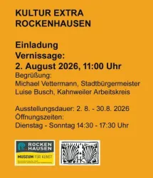 Einladung zur Vernissage "Kultur Extra" in Rockenhausen. Ausstellung vom 2. bis 30. August 2026, Öffnungszeiten Dienstag bis Sonntag.