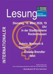 Eine Veranstaltungseinladung für eine Lesung mit Claudia Brendler in Rockenhausen. Sie findet am 10. März 2026 um 19 Uhr in der Stadtbücherei statt.
