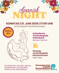 Ein Plakat für die Veranstaltung "Spanish Night" im Schlosspark Rockenhausen. Es enthält Informationen über das Event, einschließlich Datum, Uhrzeit und Eintrittspreis.