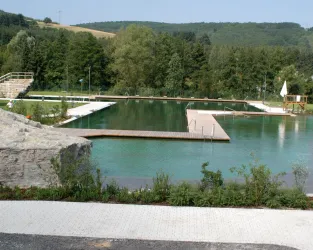 Ein ruhiges Schwimmbad mit klaren Wasserflächen und grünen Bäumen im Hintergrund. Die Umgebung ist gepflegt und einladend.
