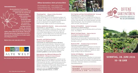 Ein Informationsblatt über die Veranstaltung "Offene Gärten" mit verschiedenen Programmpunkten und Aktivitäten. Es enthält Details zu Terminen und Orten für Gartenliebhaber.