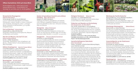 Das Bild zeigt eine Übersicht von verschiedenen Projekten und Veranstaltungen im Bereich Gartenbau und Natur. Es sind Texte und Informationen auf einem gefalteten Dokument zu sehen.