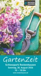 Eine bunte Blumenmischung mit Gartenwerkzeug auf einem grünen Hintergrund. Das Bild bewirbt die Veranstaltung "GartenZeit" im Schlosspark Rockenhausen.