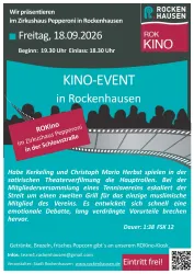Ein Plakat für ein Kino-Event in Rockenhausen. Es zeigt Details zur Veranstaltung, einschließlich Datum, Uhrzeit und Informationen zu den Hauptdarstellern.