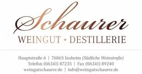 Ein elegantes Logo der Weinfirma "Schauerer" mit dem Zusatz "Weingut + Destillerie". Die Kontaktinformationen sind gut lesbar und enthalten Adresse, Telefon und E-Mail.