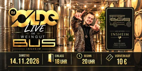 Ein Plakat für ein Live-Konzert von DJ Olde im Weingut Bus in Insheim. Das Event findet am 14. November 2026 statt, Einlass ist um 18 Uhr und der Beginn um 20 Uhr.