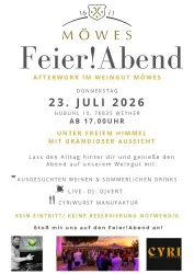Ein Flyer für eine Afterwork-Veranstaltung im Weingut Möwes. Der Abend bietet Weine, Sommerdrinks und Live-DJ mit schöner Aussicht.