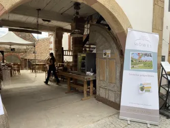 Ein gemütlicher Innenhof eines Restaurants mit Holzstühlen und Tischen. An einer Wand steht ein Banner, das Weine bewirbt.