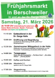 Ein Plakat für den Frühjahrsmarkt in Berschweiler. Es enthält Informationen über verschiedene Veranstaltungen am 21. März 2026, einschließlich Gottesdienst, Eröffnung und Tanzgruppen.