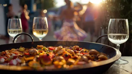 Im Vordergrund eine große Pfanne mti typisch spanischer Paella, Weingläser stehen auf dem Tisch und im Hintergrund ist unscharf eine spanische Flamencotänzerin zu erkennen.