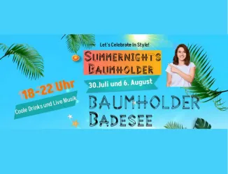 Eine Frau zeigt mit einem Daumen nach oben, um die Veranstaltung "Summernights" zu bewerben. Im Hintergrund sind Palmen und ein blauer Himmel zu sehen.