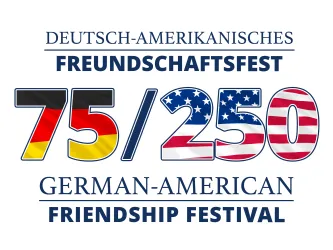 Ein Logo für das Deutsch-Amerikanische Freundschaftsfest. Es zeigt die Flaggen von Deutschland und den USA sowie die Zahlen 75 und 250.