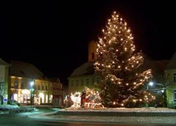 Ein festlich geschmückter Weihnachtsbaum leuchtet in der Nacht. Im Hintergrund sind beleuchtete Gebäude und eine Weihnachtskrippe zu sehen.