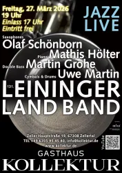 Ein Plakat für ein Jazzkonzert mit der Leininger Land Band. Es enthält Angaben zu Datum, Uhrzeit und Aufführenden.