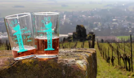 Zwei Gläser mit Roséwein stehen auf einer alten Mauer, umgeben von Weinbergen. Im Hintergrund ist eine malerische Landschaft mit einem kleinen Dorf zu sehen.