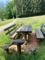 Ein rustikaler Tisch mit Bänken inmitten einer grünen Wiese. Im Hintergrund sind Bäume und ein Weg zu sehen.