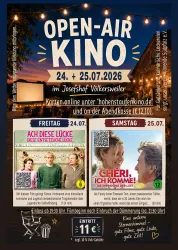 Ein Plakat für ein Open-Air-Kino mit Terminen am 24. und 25. Juli 2026. Es zeigt Informationen zu den Filmen und Ticketpreisen sowie den Veranstaltungsort im Josefshof Völkersweiler.