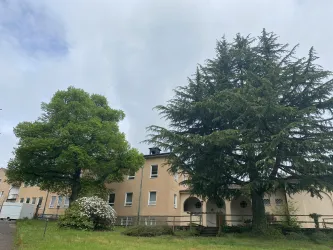 Ein Gebäude mit hellen Wänden und großen Fenstern, umgeben von grünen Bäumen. Der Himmel ist bewölkt und die Umgebung wirkt ruhig.