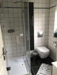 Ein modernes Badezimmer mit einer Glasdusche und einer Toilette. Die Wände sind gefliest, und der Boden ist dunkler, während ein Teppich in hellen Farbtönen liegt.