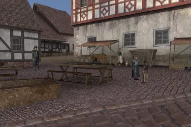 Ein historischer Marktplatz mit alten Gebäuden und Holzständen VR generiert Einige Personen stehen in der Mitte und unterhalten sich.