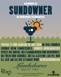 Ein Veranstaltungsplakat für eine Sommerlounge mit Musik und Essen. Es findet am 17. und 18. Juli 2026 in Niederhorbach statt.