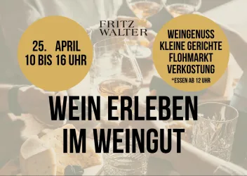 Ein einladendes Weinfest mit Verkostungen und kleinen Gerichten. Das Event findet am 25. April von 10 bis 16 Uhr im Weingut Fritz Walter statt.