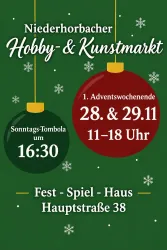 Ein Plakat für den Niederhorbacher Hobby- und Kunstmarkt. Es zeigt das Datum, die Uhrzeit und den Ort der Veranstaltung.