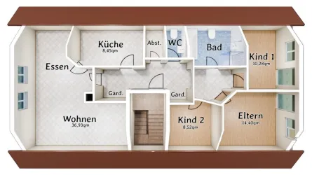 Eine gut gestaltete Wohnungsgrundriss mit mehreren Räumen, einschließlich Küche, Bad und Kinderzimmer. Die Flächen der einzelnen Räume sind angegeben.