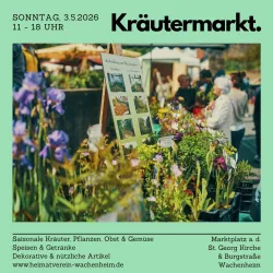 Ein bunter Kräutermarkt mit frischen Pflanzen und bunten Blumen. Besucher genießen saisonale Produkte und leckere Speisen.
