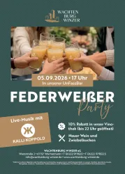 Eine Einladung zur Federweißer-Party mit Live-Musik von Kalli Koppold. Datum: 05.09.2026 um 17 Uhr in der UnFassBar.