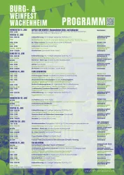 Das Bild zeigt das Programm für das Burg- und Weinfest in Wachenheim mit verschiedenen Veranstaltungen. Es enthält Daten und Uhrzeiten für die Festivitäten im Juni.