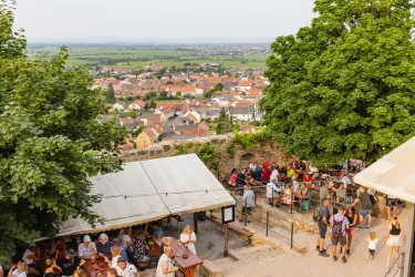 Eine Aussicht auf eine Stadt mit roten Dächern und grünen Bäumen. Im Vordergrund gibt es ein Restaurant mit vielen Gästen.