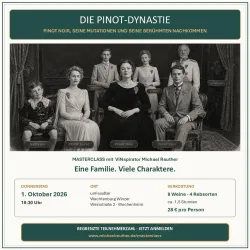 Ein Schwarz-Weiß-Foto einer Familie, die in formeller Kleidung posiert. Es gibt einen Titel und Informationen zu einer Masterclass über Pinot Noir und seine Varianten.