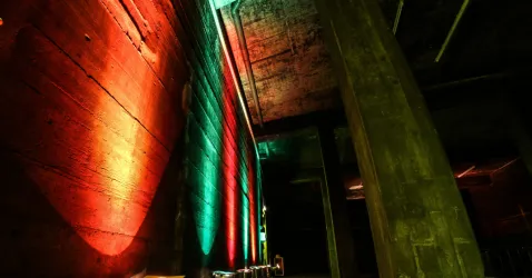 Ein moderner Raum mit Betonwänden, der mit bunten Lichtern in Rot und Grün beleuchtet ist. Die besondere Lichtstimmung schafft eine künstlerische Atmosphäre.
