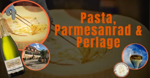 Ein Parmesanrad mit frisch zubereiteter Pasta wird serviert. Dazu sind Bilder von einem Sekt und einer malerischen Umgebung zu sehen.