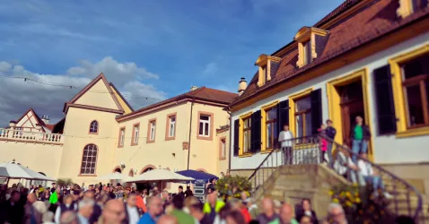 Ein belebter Platz mit vielen Menschen vor historischen Gebäuden. Die Sonne scheint und es gibt Tische im Freien.
