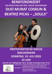 Ein Benefizkonzert mit dem Duo Murat Coskun und Beatriz Picas findet in der protestantischen Kirche Wachenheim statt. Das Konzert trägt den Titel „Souls“ und beginnt am 19. Juli 2026 um 19 Uhr.