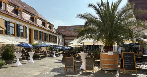 Ein einladender Innenhof mit Tischen und Sonnenschirmen. Palmen und Schiefertafeln verleihen der Atmosphäre einen gemütlichen Charakter.