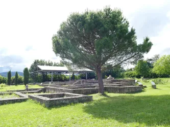 Eine archäologische Stätte mit Steinen in verschiedenen Anordnungen. Im Hintergrund steht ein großer Baum und die Landschaft ist grün und sonnig.