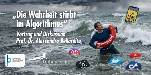 Ein Mann steht in stürmischem Wasser und hält einen Rettungsring mit dem Wort "DEMOKRATIE". Der Hintergrund zeigt düstere Wolken und Symbole sozialer Medien.