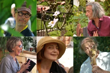 Eine Collage von sechs Personen, die in verschiedenen Umgebungen gezeigt werden. Einige wirken nachdenklich, während andere fröhlich sprechen oder sich mit der Natur beschäftigen.