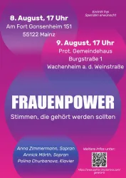 Ein Plakat für die Veranstaltung "Frauenpower", das Details über die Termine und den Ort enthält. Es zeigt einen bunten Hintergrund mit modernen Schriftarten und Informationen über die Künstlerinnen.