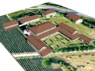 Ein hergestelltes 3D-Modell eines landwirtschaftlichen Anwesens mit mehreren Gebäuden und angelegten Gärten. Umgeben von Feldern und Weinreben bietet es eine ruhige ländliche Atmosphäre.