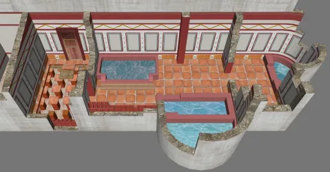 Eine detailreiche Darstellung eines römischen Badehauses mit mehreren Wasserbecken. Die Wände sind mit dekorativen Elementen und Fliesen gestaltet.