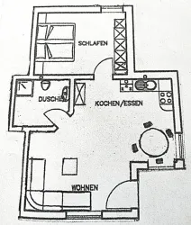 Eine einfache Grundrisszeichnung einer Wohnung. Die Räume sind für Schlafen, Wohnen, Kochen/Essen und ein Badezimmer vorgesehen.