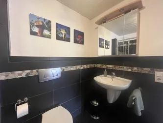 Ein modernes Badezimmer mit einer Schwimmbeckentoilette und einem Waschbecken. An der Wand hängen dekorative Bilder und der Spiegel reflektiert den Raum.