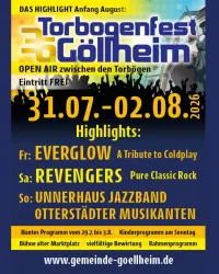 Ein Plakat für das Torbogenfest in Göllheim. Die Veranstaltung findet vom 31. Juli bis 2. August 2026 statt und bietet verschiedene Musik-Highlights.