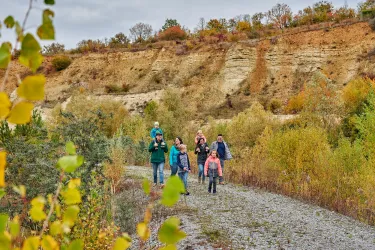 Eine Gruppe von Menschen wandert einen Kiesweg entlang, umgeben von herbstlichen Bäumen und einer steilen Felswand. Die Farben der Natur sind lebhaft und einladend.