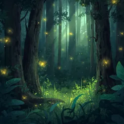 Ein geheimnisvoller Wald mit sanften Lichtstrahlen und leuchtenden Glühwürmchen. Dichte grüne Pflanzen umgeben eine helle Lichtung.